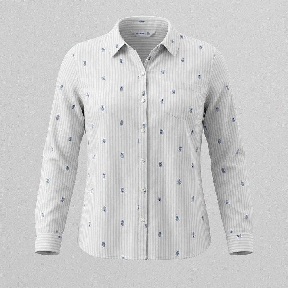 Old Navy Classic Shirt Size Large L White Stripe Blue Pineapple Cotton Women